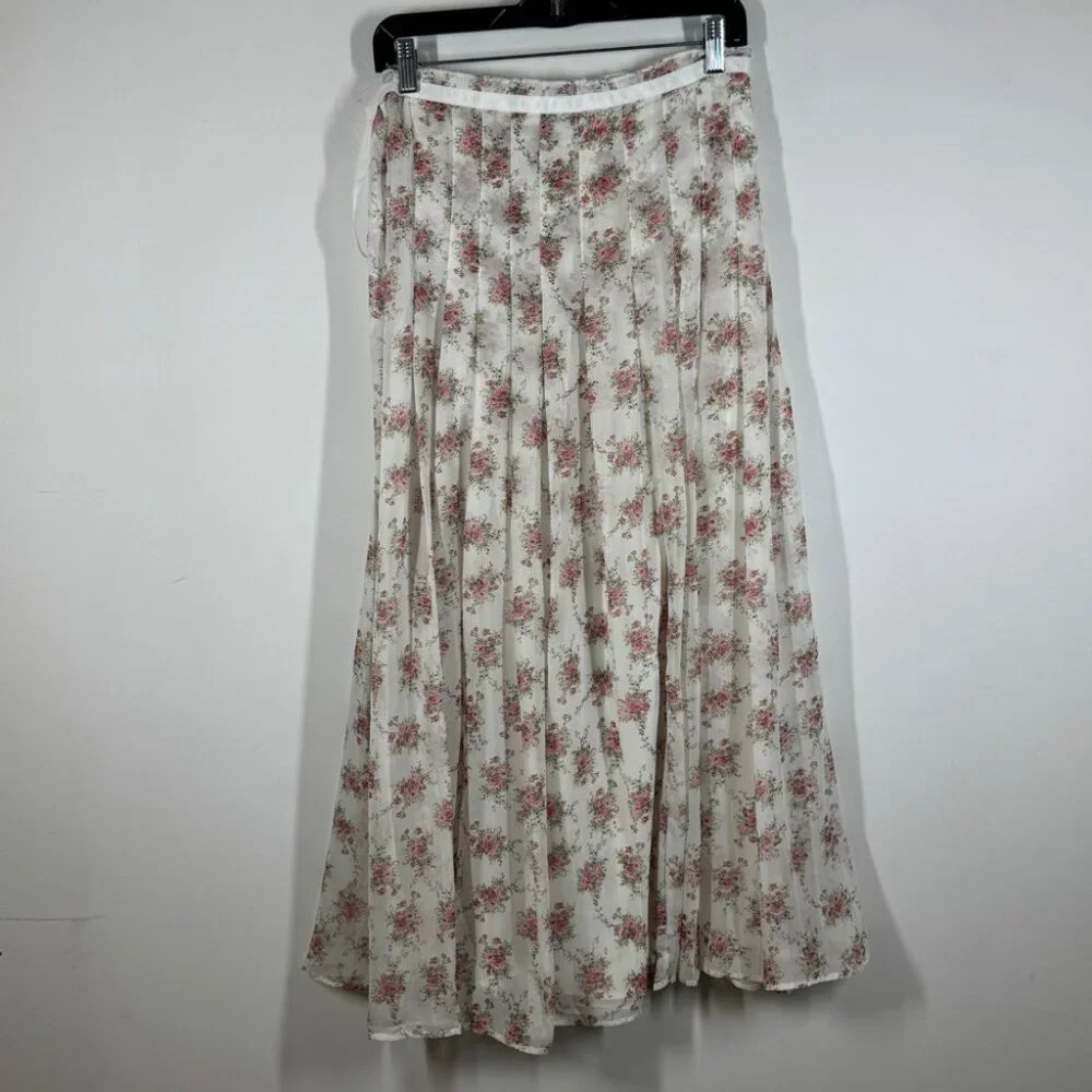 Frime White Floral Pleated Midi Skirt Size L Romantic Cottagecore Flowy Vintage - Picture 5 of 13